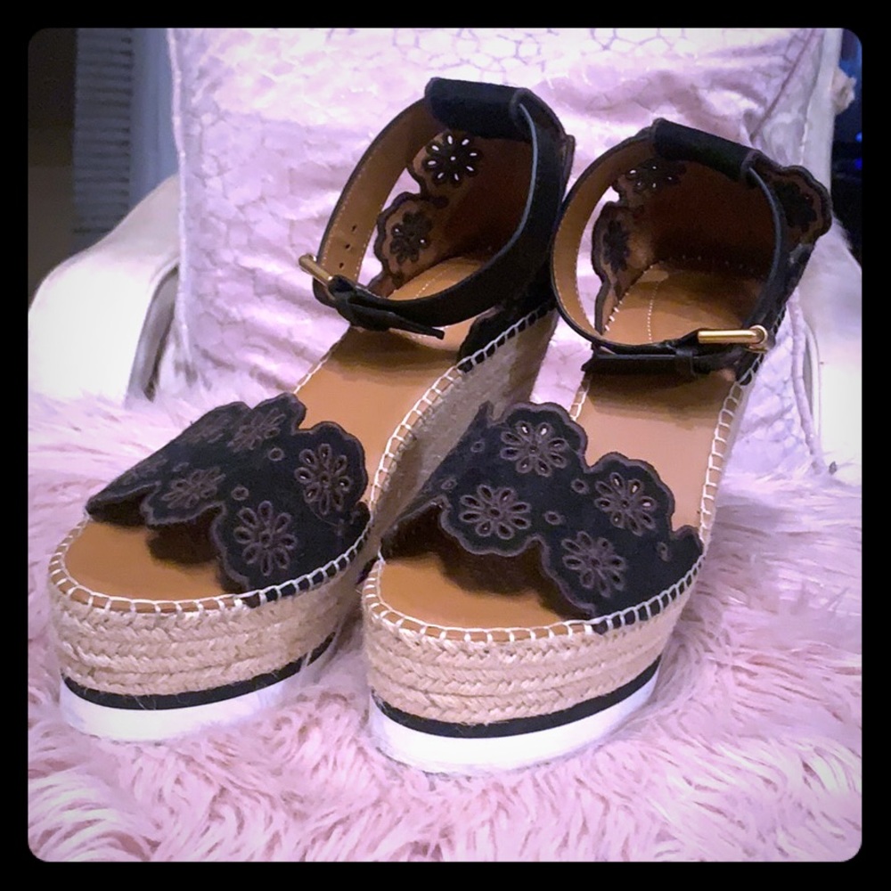 See by Chloe Glyn Black Espadrille Wedge Sz 40